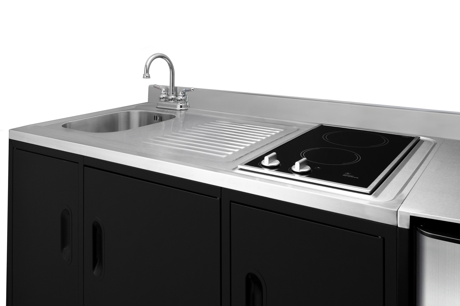 72 inch wide, ADA counter height all-in-one kitchenette in black with a 2-burner 115V smooth top cooktop, 2-door refrigerator-freezer, sink, and three storage cabinets